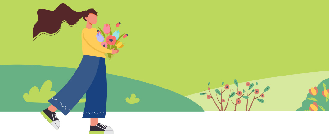 Illustration of springtime self-care activity of walking in nature.